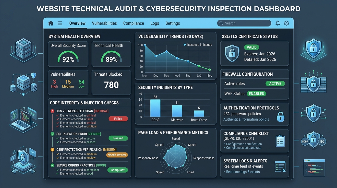 Technical SEO website audit score dashboard with HTTP status codes and code fixes