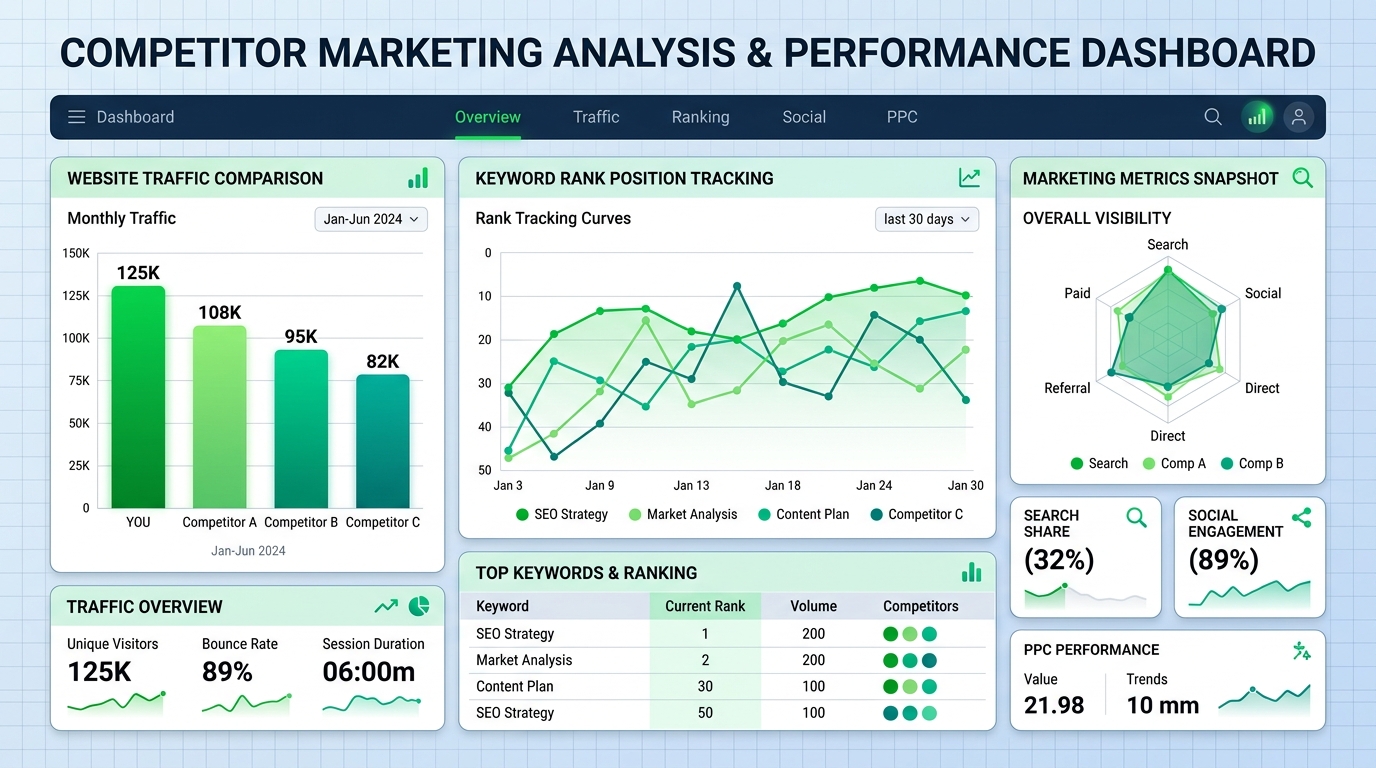 Competitor website analysis comparison charts and SERP rankings breakdown
