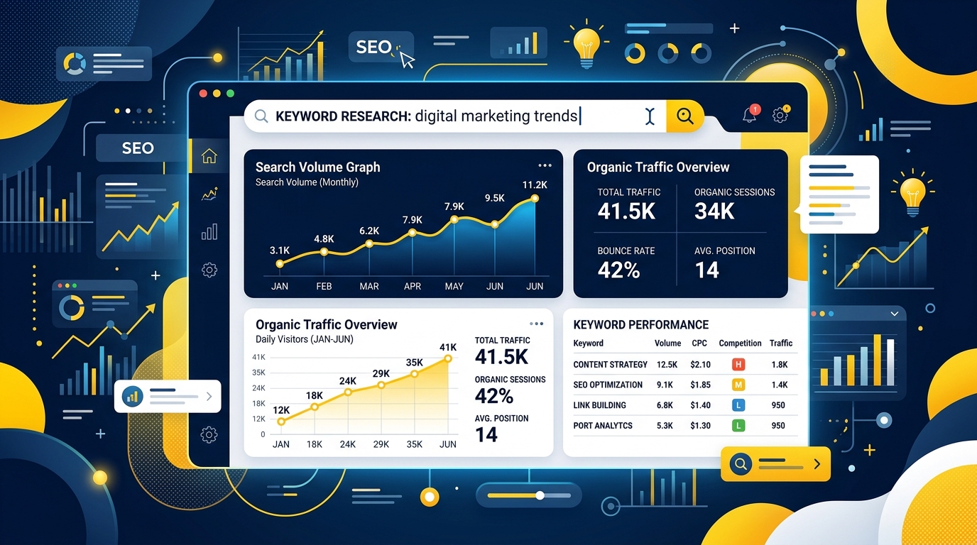 Google Keyword Research analytics dashboard with search volume and CPC trends