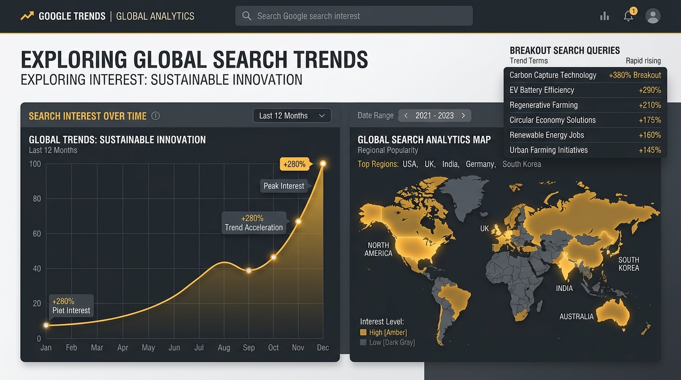 Google Trends search interest curve showing seasonal spikes and breakout keyword queries