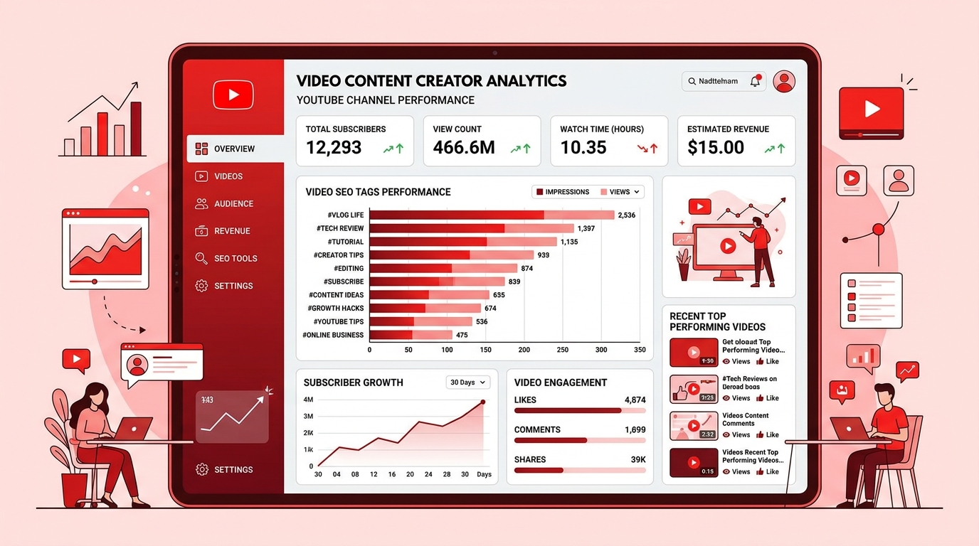 YouTube video SEO optimization dashboard with CTR analytics and video tags